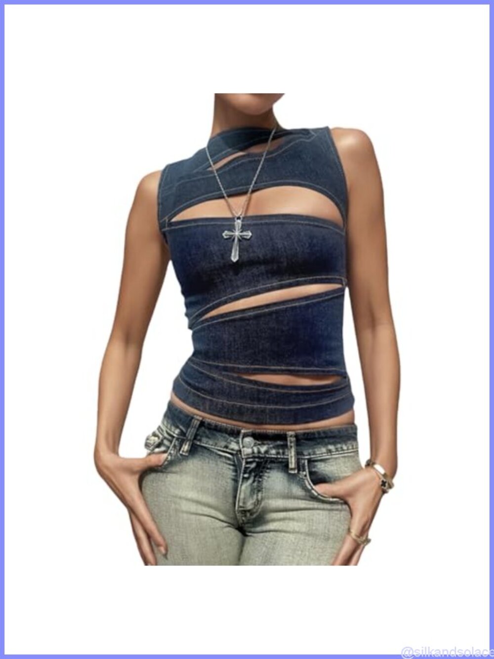 Y2K Cutout Denim Tank Top Bustier Corset Crop Top Zip Back Hollow Out Rave